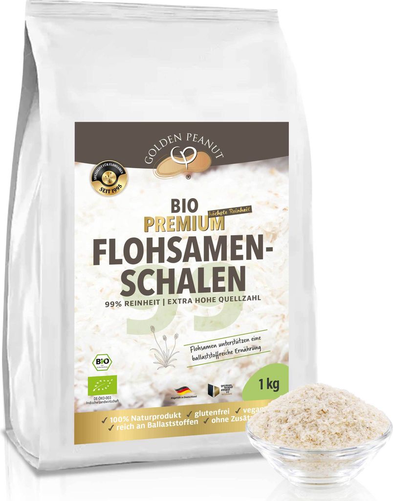 GOLDEN PEANUT Flohsamenschalen Bio 500 g, 99% Reinheit, Indien, ballaststoffreich, glutenfrei, vegan, Naturprodukt