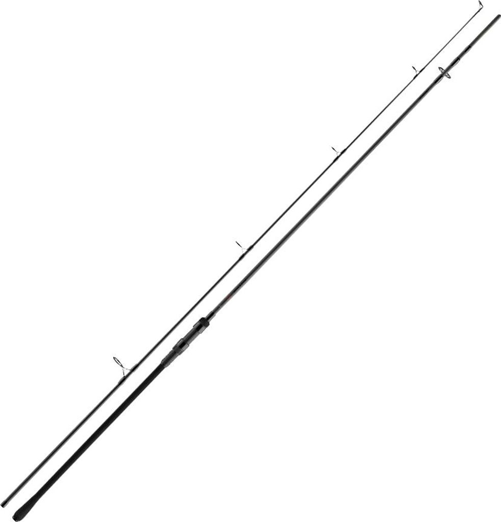 A black fishing rod is shown against a white background.