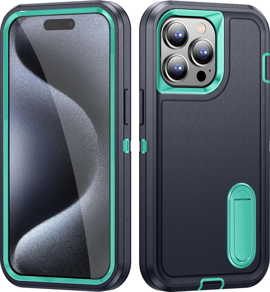 Hülle für iPhone 15 Pro Max Hybrid Dreilagige Robust Stoßfest Schwerlast Schutzhülle mit Ständer Blau