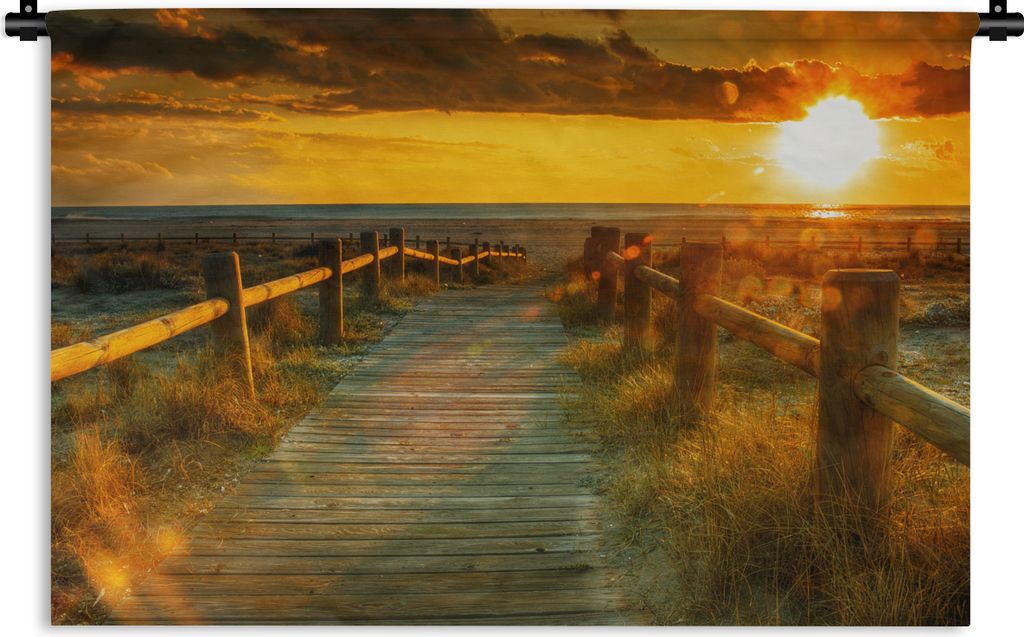 MuchoWow Wandteppich Wandbehang Sonne - Strand - Düne - Horizont - Gras - Weg - Orange 60x40 cm Tapisserie Dekoration Wandtuch - Wanddekorationen