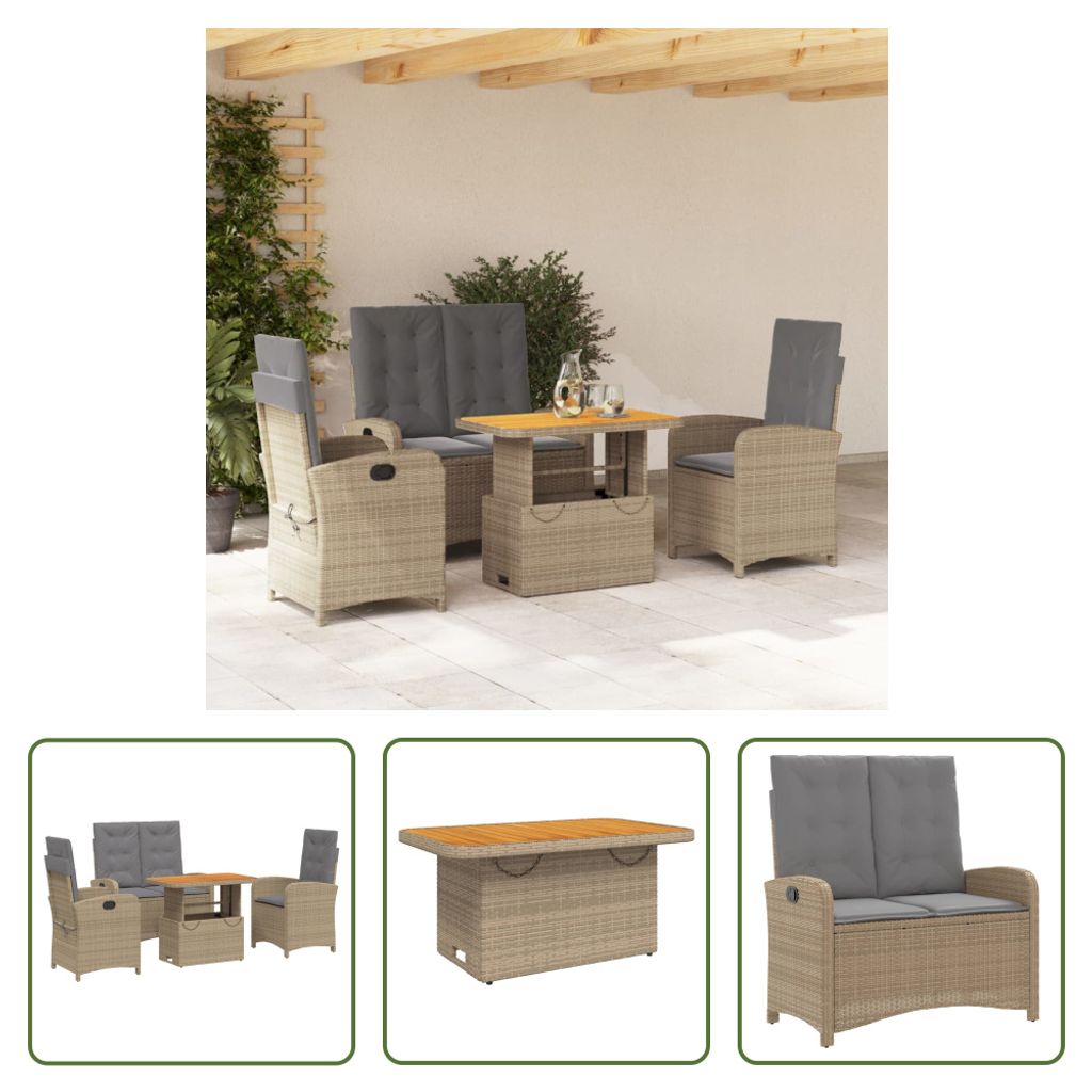 The Living Store 4-tlg. Garten-Essgruppe mit Kissen Beige Poly Rattan