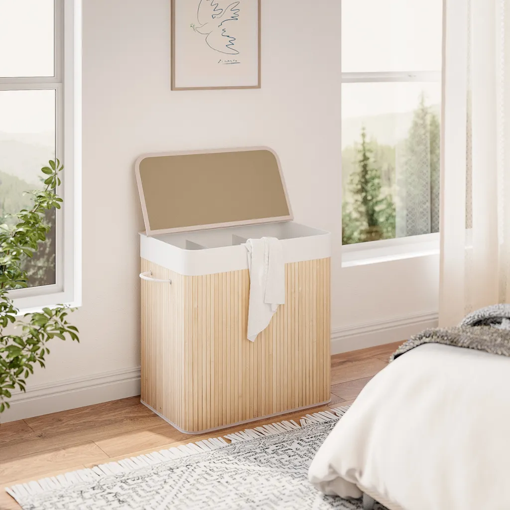Fini le Tri ! Panier à Linge 150L Bambou 3 Compartiments Séparés - Zen - 5
