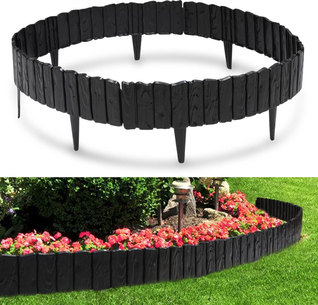 TolleTour 20 Stück Rasenkante Holzoptik Beeteinfassung Beetzaun Beetumrandung Kunststoff für Garten, Wiese 11,5m Schwarz