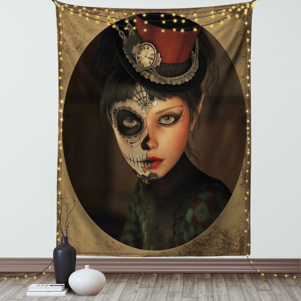 ABAKUHAUS Zuckerschädel Wandteppich, Antikes Porträt Mädchen mit Calavera inspiriert Make-up und Topper Realistisches Design, Wohnzimmer Schlafz...