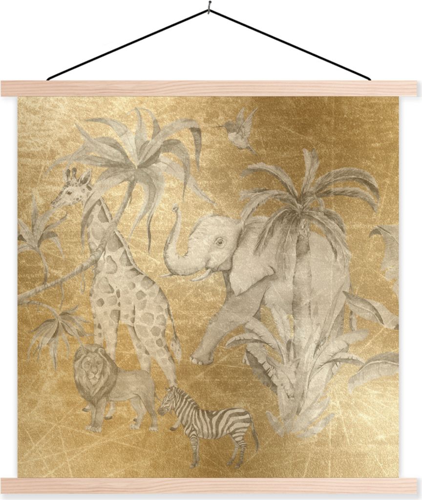 MuchoWow Textilposter Dschungel - Kinder - Gold - Tiere 60x60 cm mit holzfarbenen Rahmen - Wanddekoration