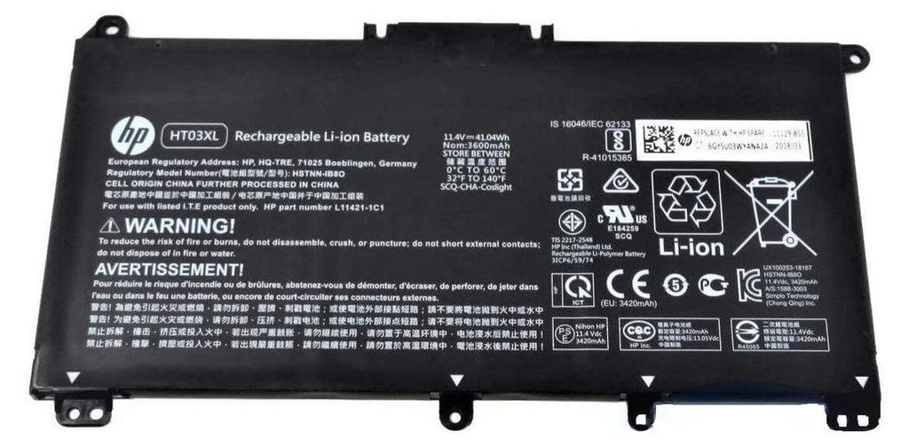 A black HP laptop battery with labels and symbols.