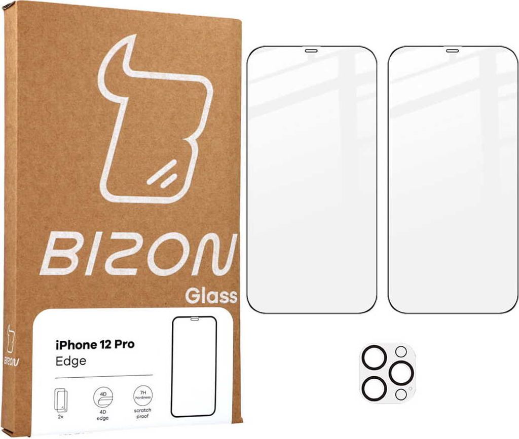 Bizon Glass Edge CF Panzerglas - 2 Stück + Linsenschutz, iPhone 12 Pro, Schwarz