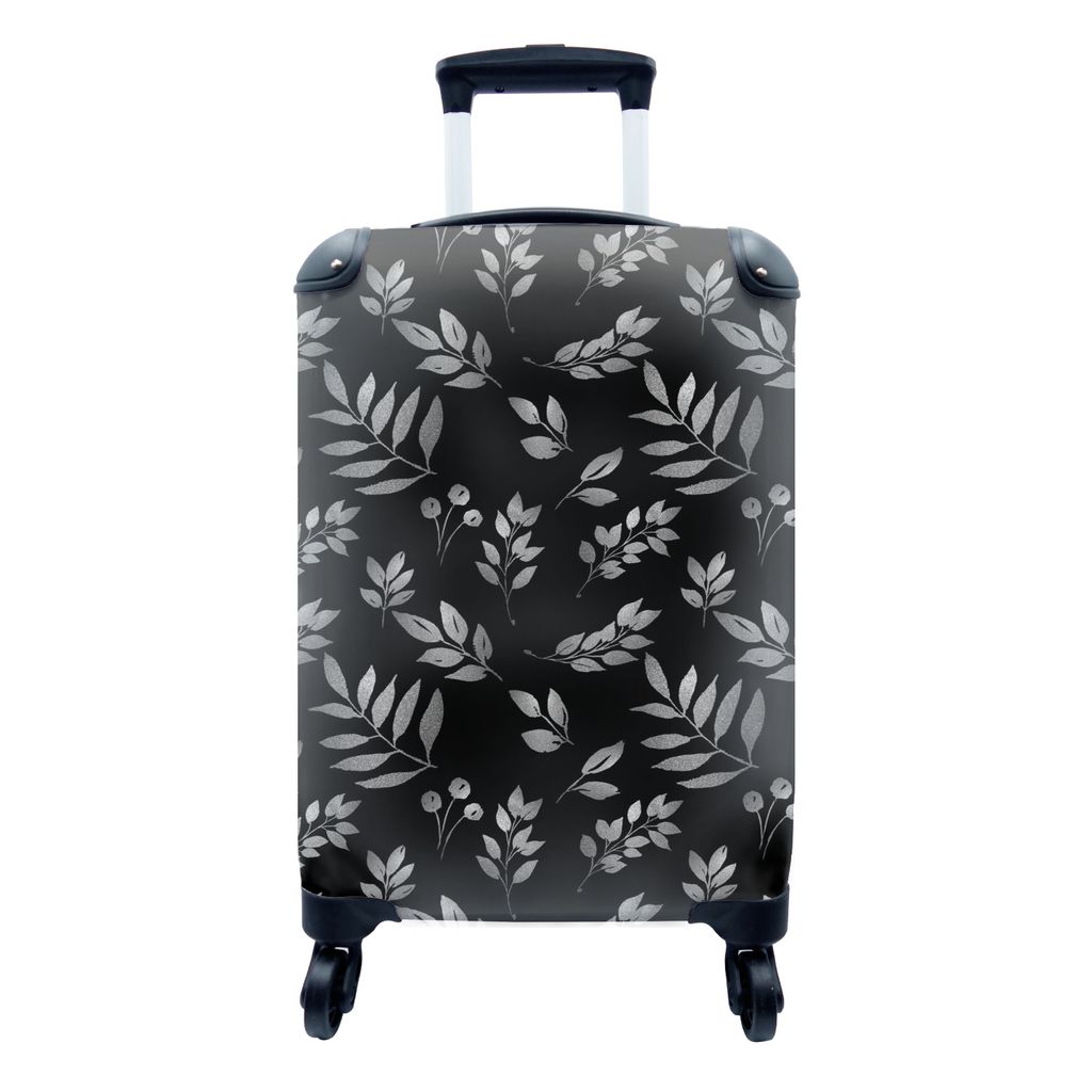 MuchoWow Koffer Handgepäck Trolley Rollkoffer Kleine Reisekoffer mit 4 Rollen - Muster von Zweigen mit Blättern und Beeren auf schwarzem Hinter...