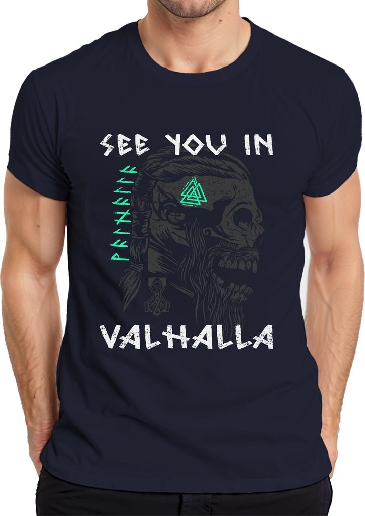 See you in Valhalla Wikinger Schädel Runen Mjolnir Nordisch Odin Herren T-Shirt, Navy, XXL