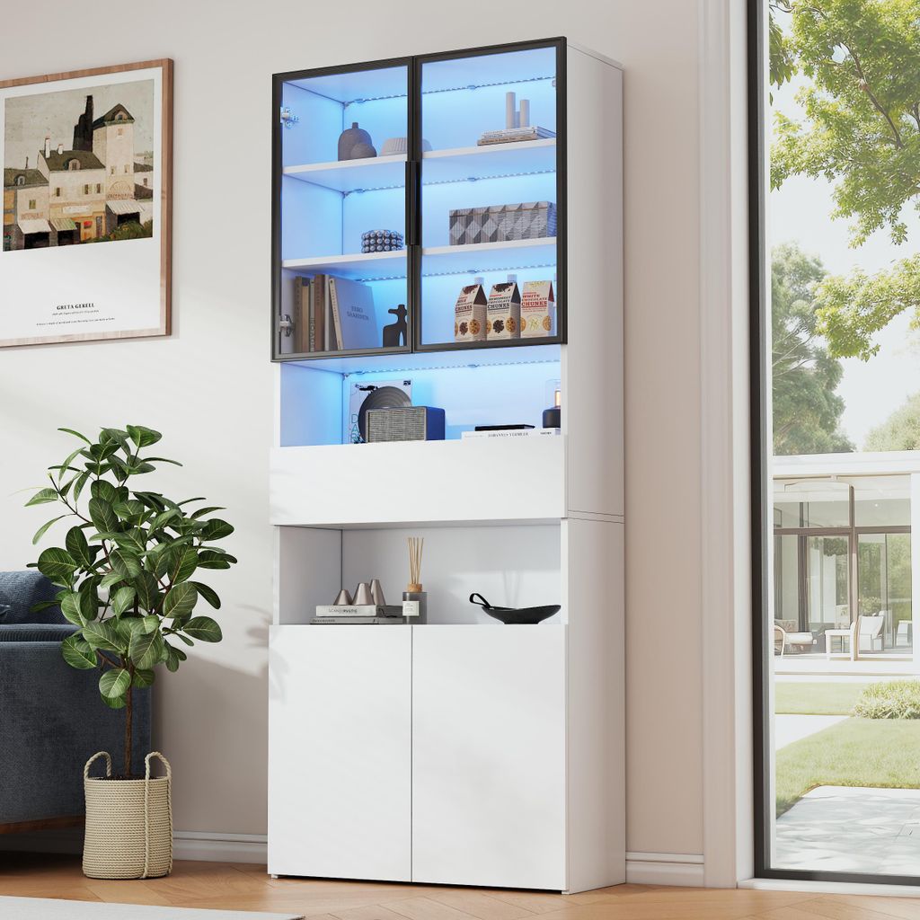 Merax Vitrine 70x30x200cm mit 2 Glastüren und 2 Schränke, Weinschrank mit LED-Beleuchtung, Hochschrank mit Schublade und Ablageflächen, Weiß