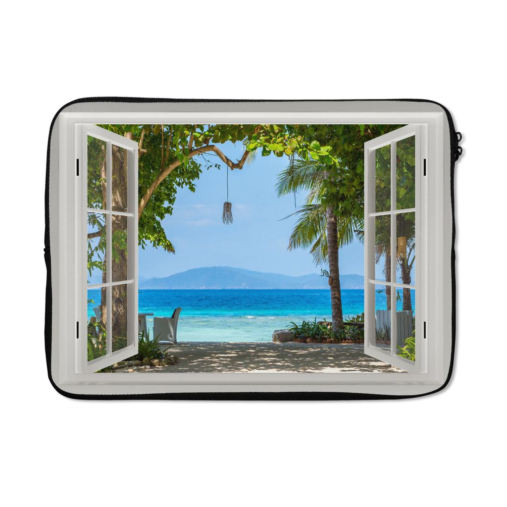 MuchoWow Laptop Hülle 13 Zoll Aussicht - Baum - Meer - Palme - Hügel - Strand - Blau Laptoptasche - Laptophülle - Sleeve - Rundumschutz