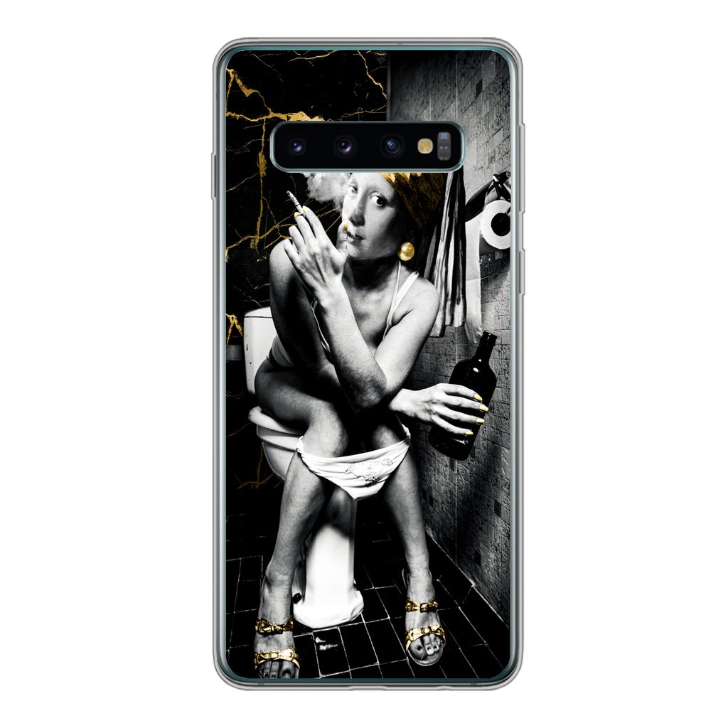 MuchoWow Handyhülle Schutzhülle Hülle für Samsung Galaxy S10 Marmoroptik - Mädchen mit Perlenohrring - Zigaretten - Toilette - Gold - Kunst ...