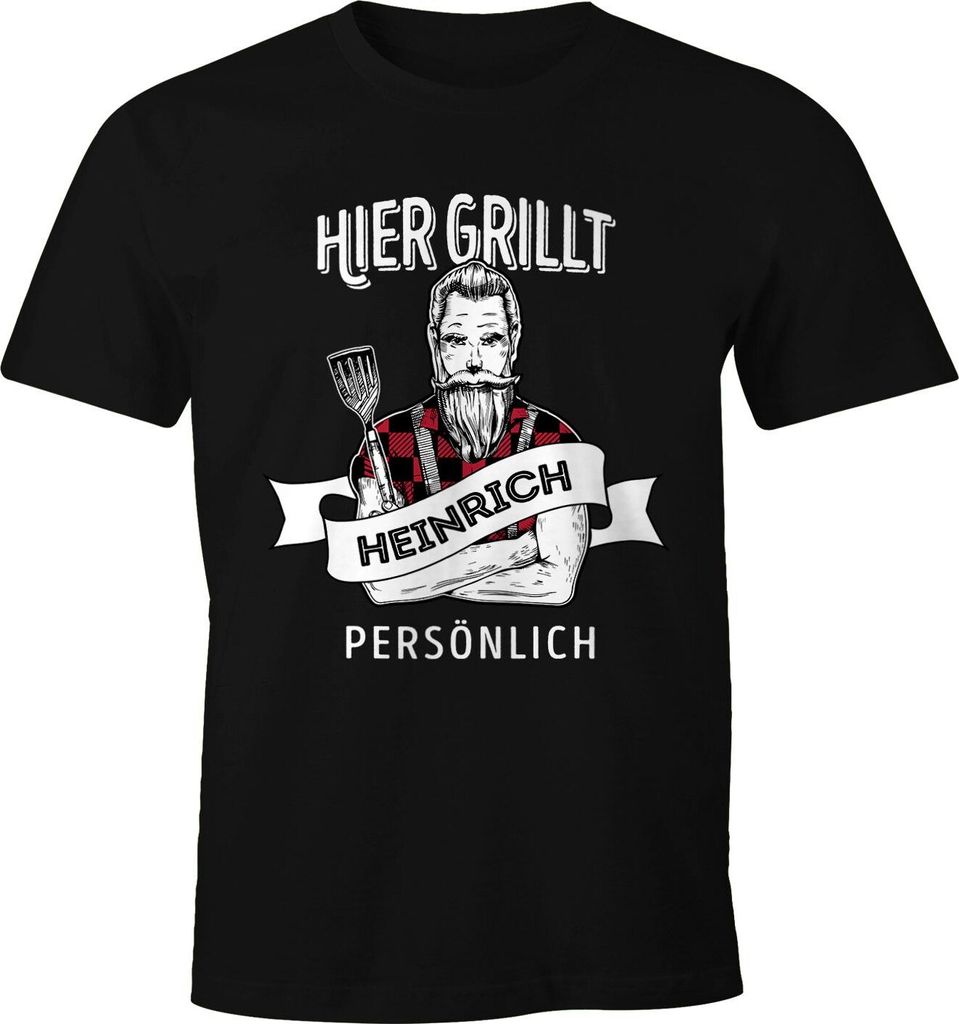 Herren T-Shirt Grillshirt mit eigenem Namen "hier grillt [Wunschname] persönlich" Fun-Shirt BBQ personalisierbar Moonworks schwarz XXL