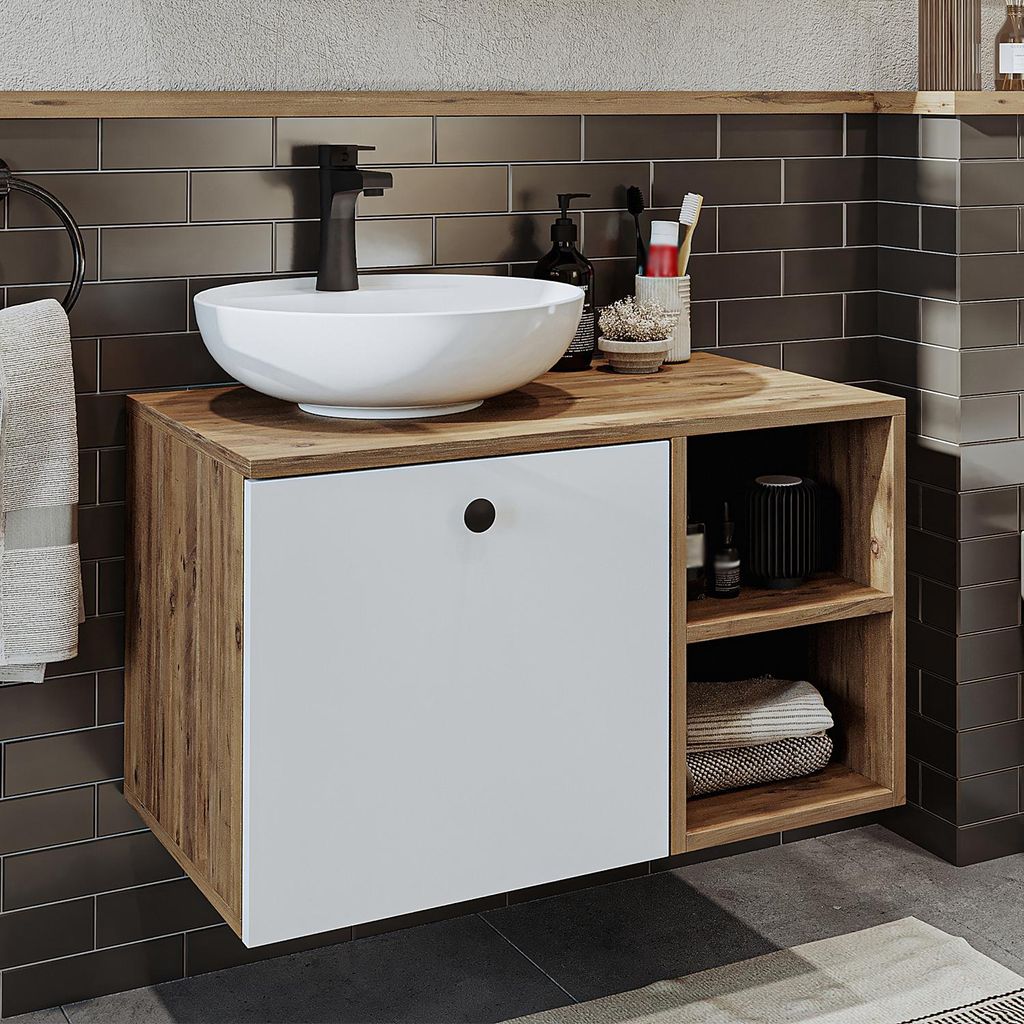 Roomart LOTUS-I-75 Badmöbel Set– 2-teiliges Badezimmermöbel Set - Waschbecken mit Unterschrank - H 45 x B 45 x T 75 cm - Weiß-Eiche