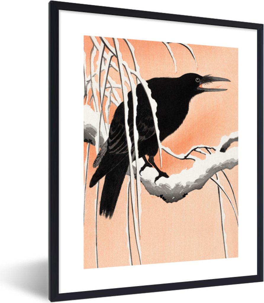 MuchoWow Gerahmtes Poster Krähe - Vogel - Zweig - Vintage - Japanisch 30x40 cm - Poster mit Schwarzem Bilderrahmen Wandposter Rahmen Foto Bilder...