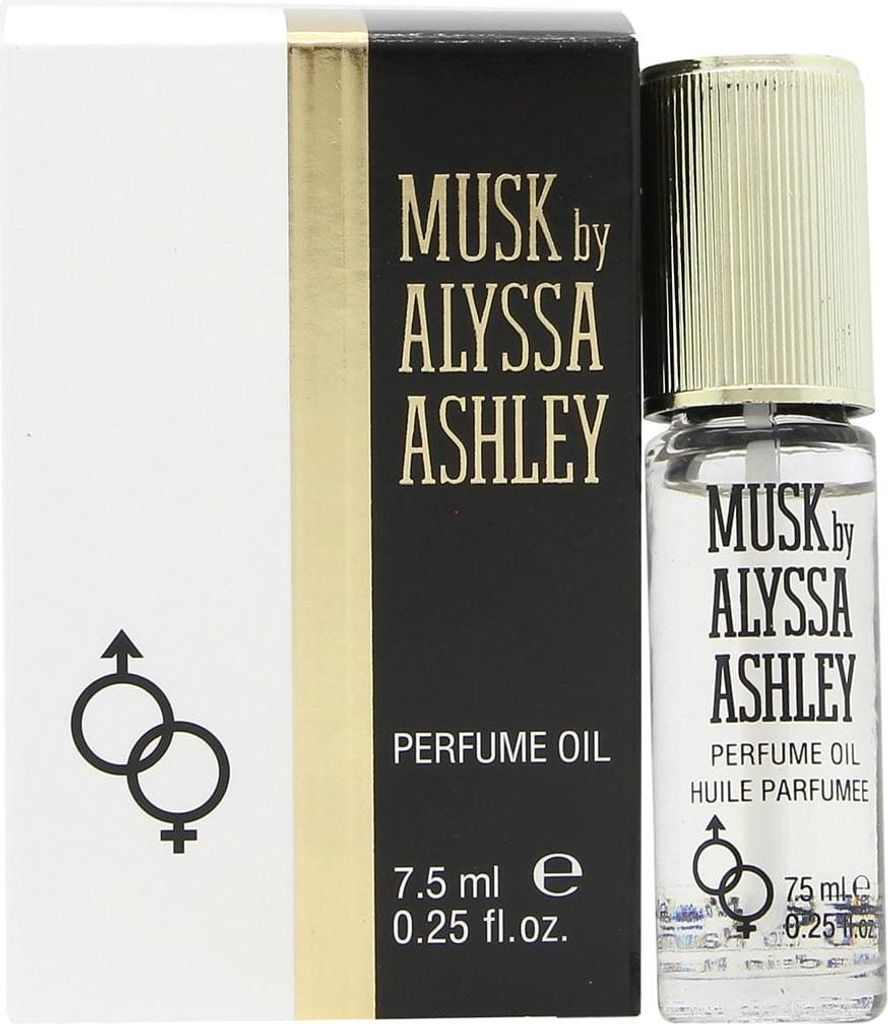 A product shot of a perfume oil bottle and its packaging.
