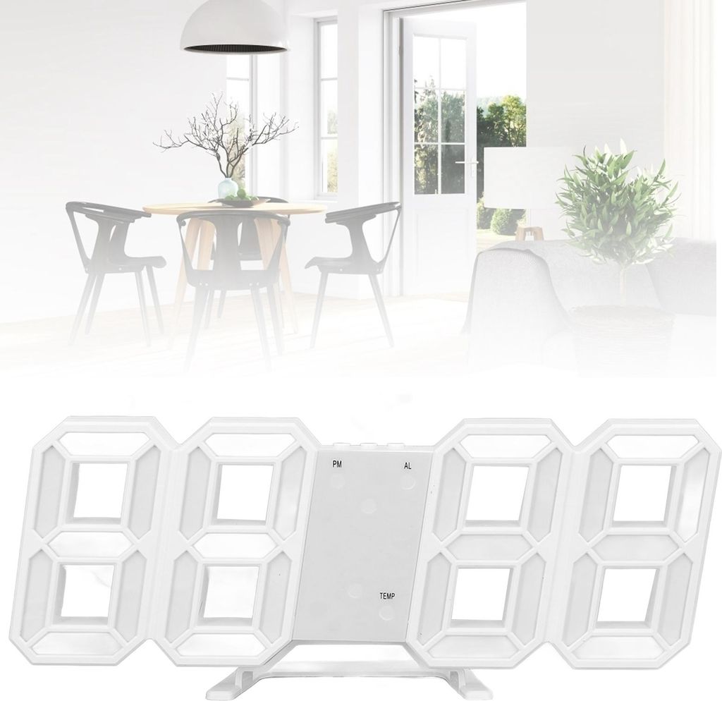 3D LED Wanduhr Minimalistisch Weißer Rahmen Digitaler Wandwecker Timer mit Temperatur für Zuhause Wohnzimmer Rotes Wort