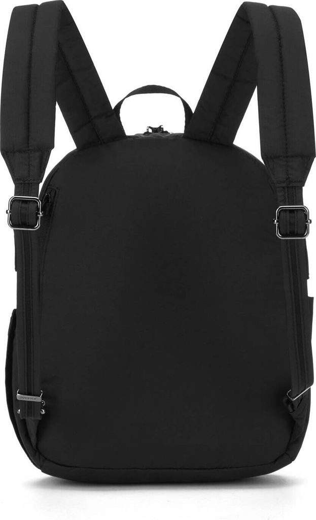 The back view of a black backpack.