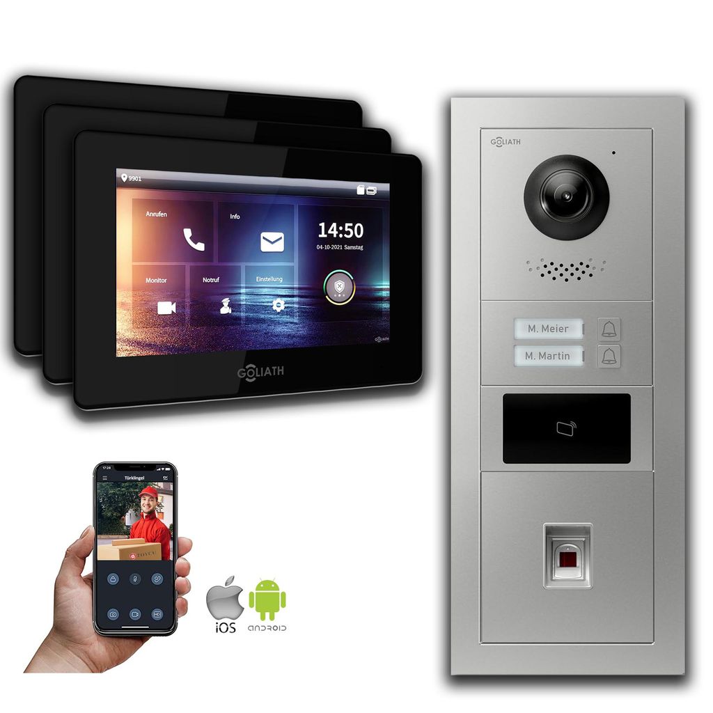 Goliath 2-Draht BUS Video Türklingel: 2 Fam. 3 Monitore, Fingerprint, RFID, Silber : Unterputzdose : 7 Zoll in Schwarz Monitor Auswahl: 7 Zoll in ...