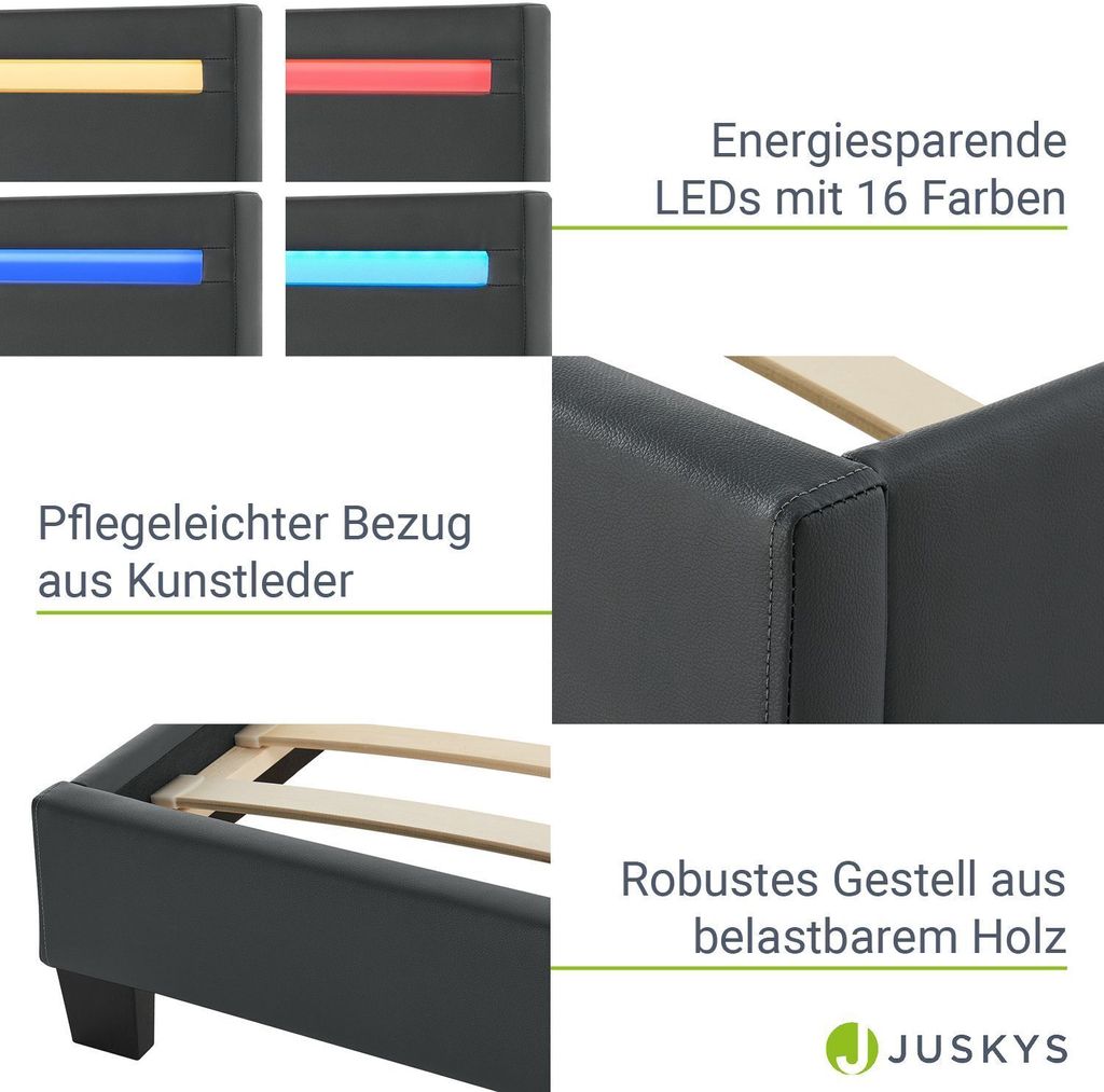 Juskys Polsterbett Paris 140 x 200 cm Kunstleder mit LED, Produktbild 5