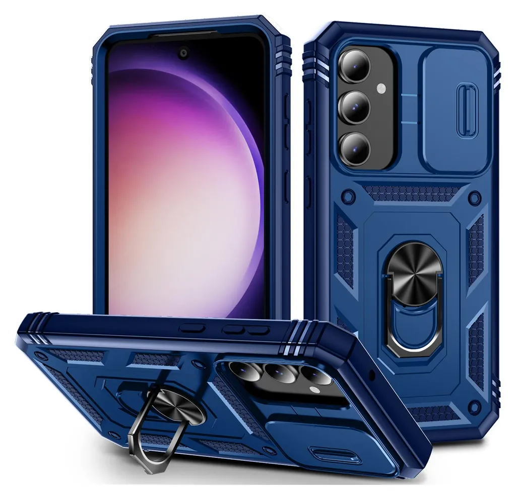 Custodia per Samsung Galaxy S23 FE protezione fotocamera scorrevole, resistente agli urti, con supporto ad anello, supporto e porta carte Blu