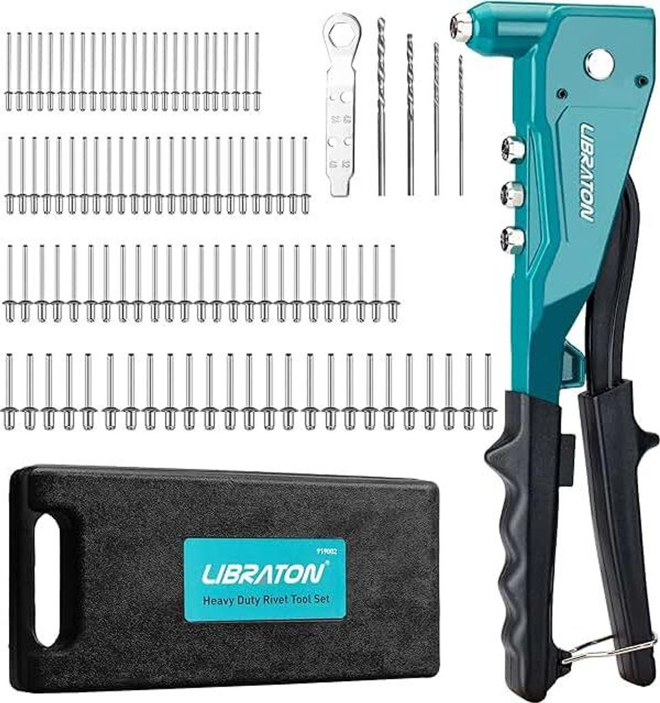 Libraton Nietenzange Set, Blindnietzange, Popnietenzange, Profi Nietpistole inkl 100 Aluminium-Nieten und 4 auswechselbaren Mundstücken, Handniete...