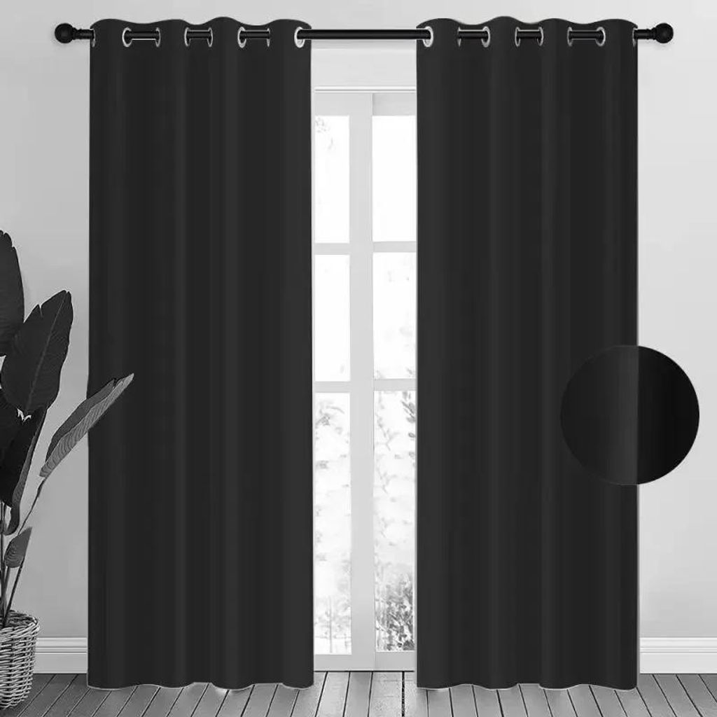 Verdunkelungsvorhänge - 2er-Set Vorhangpaneele - 70–90 % Lichtschutz - Polyester/Baumwolle - 0,8 x 1,4 m - Mit Raffhaltern - Schwarz