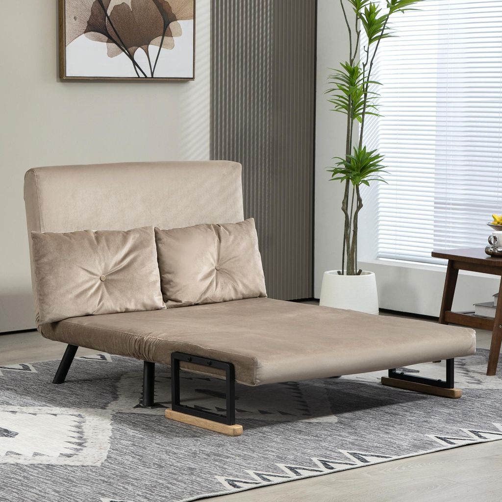 Schlafsofa 2-Sitzer 4-in-1 Sofa Bett Chaiselongue, Schlafcouch Holz-Armlehnen Stahl, Hellbraun | 102x73x81 cm | 180° | 5 Pos.