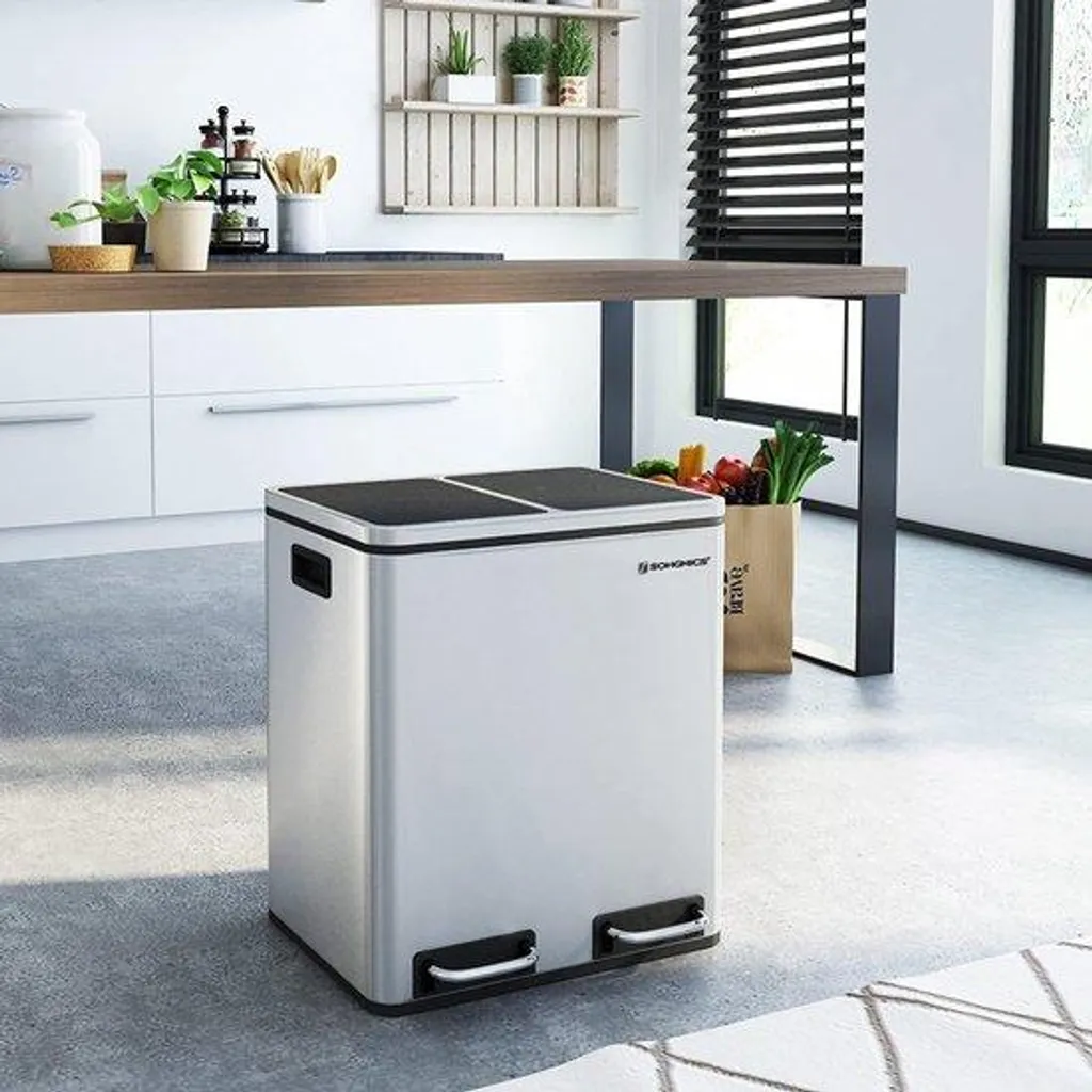 Poubelle tri sélectif robuste 30L argentée avec fermeture silencieuse
