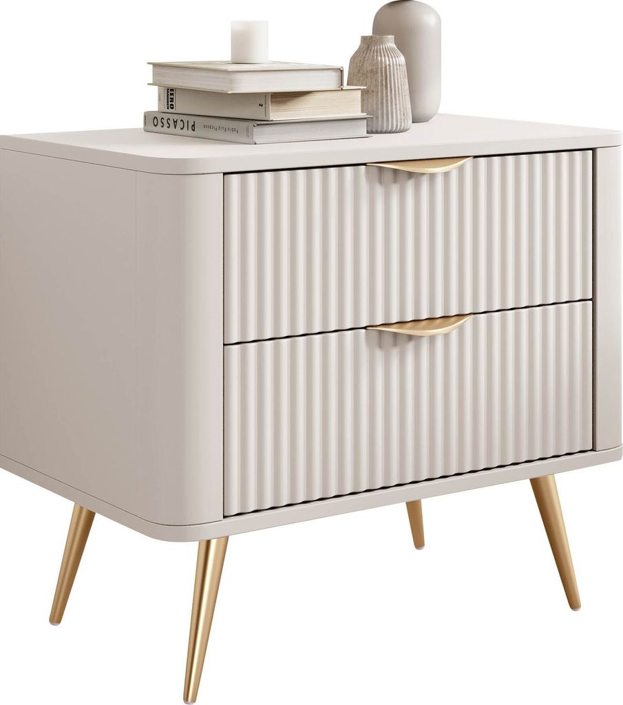MIRJAN24 Nachttisch Lante, Nachtschrank mit zwei Schubladen, Metallfüße und Aluminiumgriffe (Farbe: Beige)