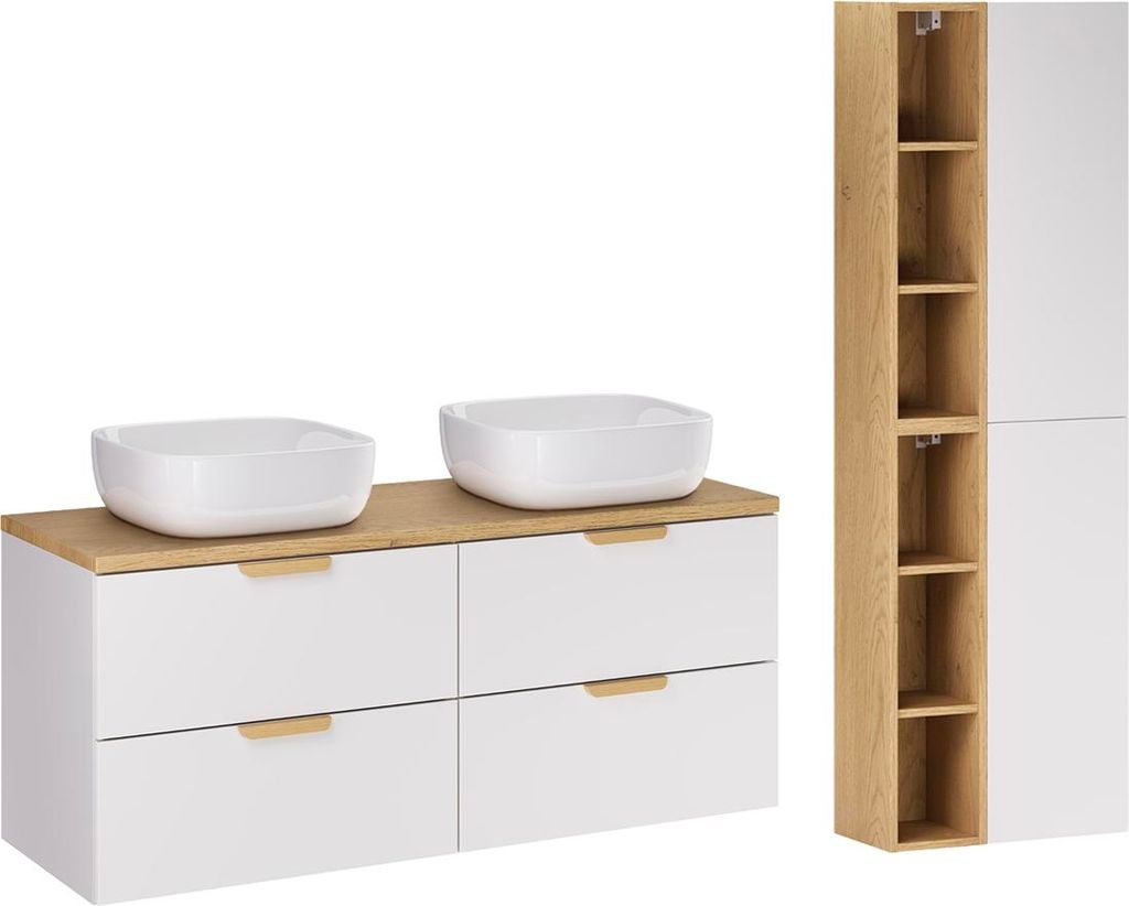 Doppelwaschtisch und Hängesäule 120.6cm Oria mit 4 Schubladen, Weiß