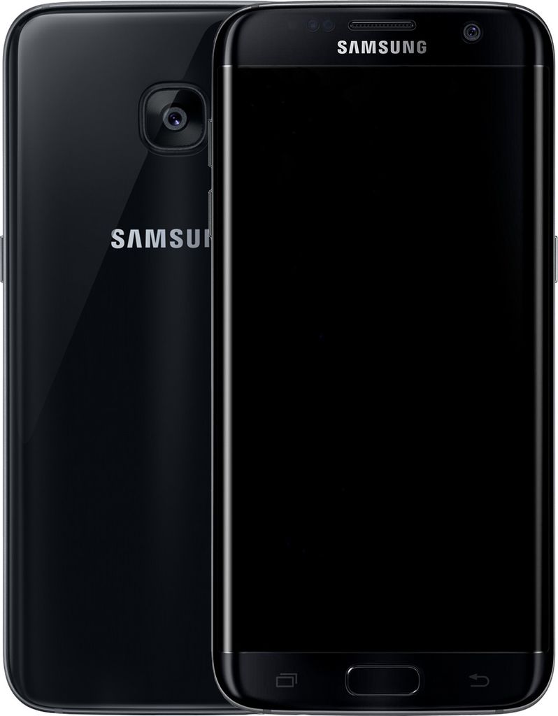 A black Samsung Galaxy S7 Edge smartphone is shown from the front and back.