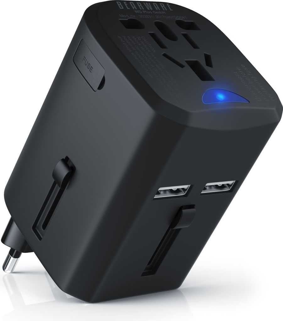 BEARWARE Universal Reiseadapter mit USB Ladestation für über 140 Länder/Regionen /2x USB Buchse