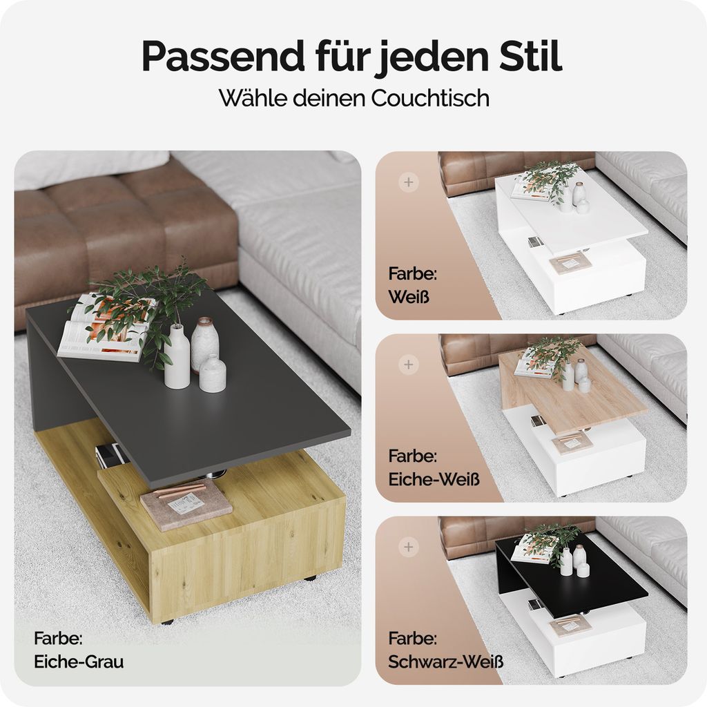 Casaria Couchtisch 'Detroit' – Grau, 90x60 Cm, Mit Stauraum, 50 Kg Belastbar