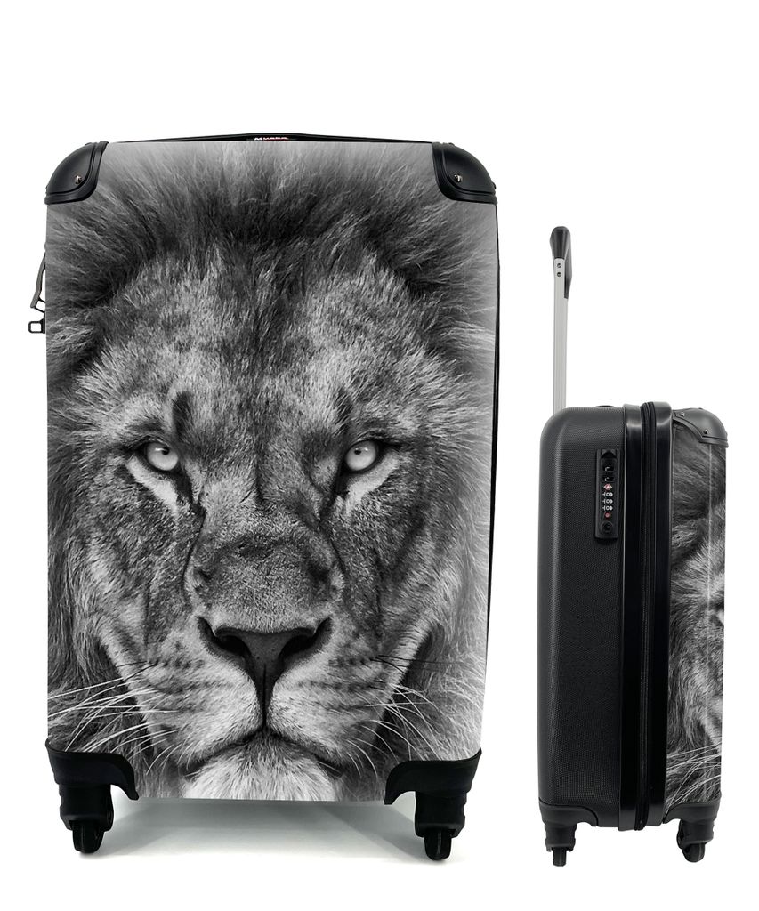 MuchoWow Koffer Handgepäck Trolley Rollkoffer Kleine Reisekoffer mit 4 Rollen - Tiere - Löwe - Schwarz - Weiß - Porträt - Cabin Size < 55x40x...