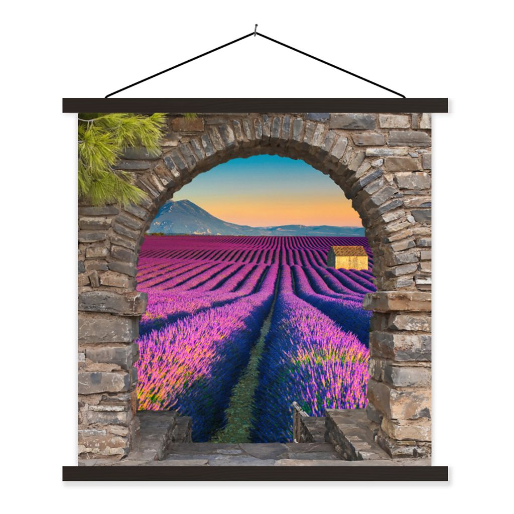 MuchoWow Textilposter Lavendel - Abend - Ausblick - Blumen 60x60 cm mit schwarzem Rahmen - Posteraufhänger