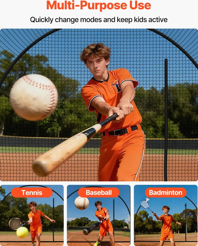 SucceBuy Gabbia da baseball (semicircolare) Rete 366x310x233 cm, rete da allenamento mobile con tessuto in poliestere resistente e senza nodi e apertura per macchine lanciapalle, inclusa rete da allenamento per softball - 6