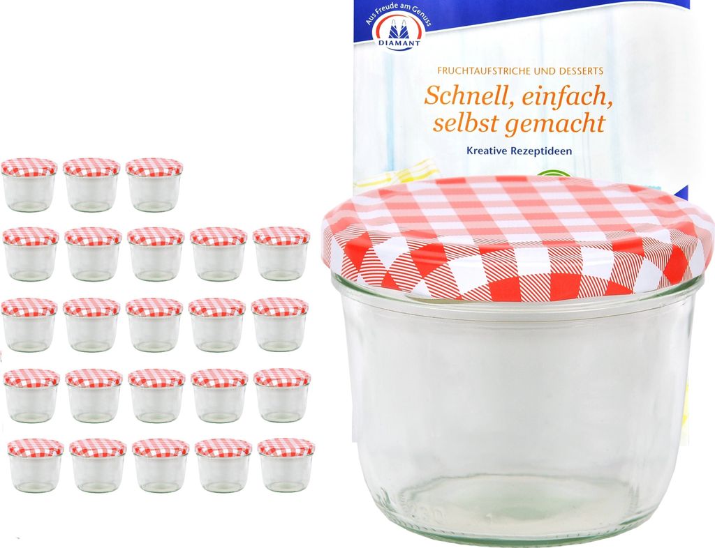 A set of small glass jars with red and white checkered lids, alongside a product box with text.