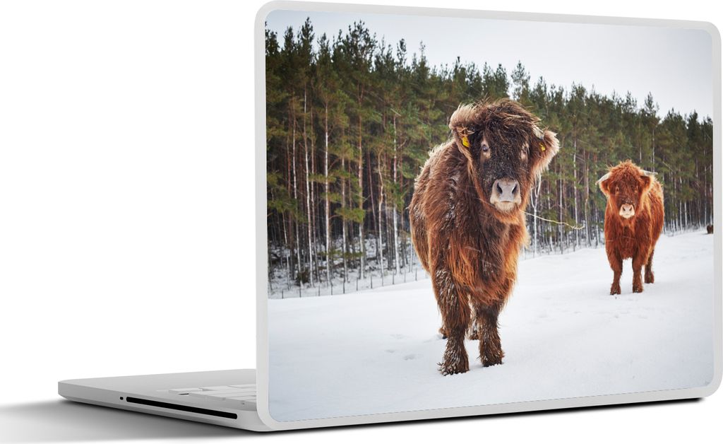 MuchoWow Laptop Aufkleber Sticker Cover Schottische Hochlandrind - Schnee - Kühe 32.5x23.5 cm - Sticker für Laptop - Selbstklebend