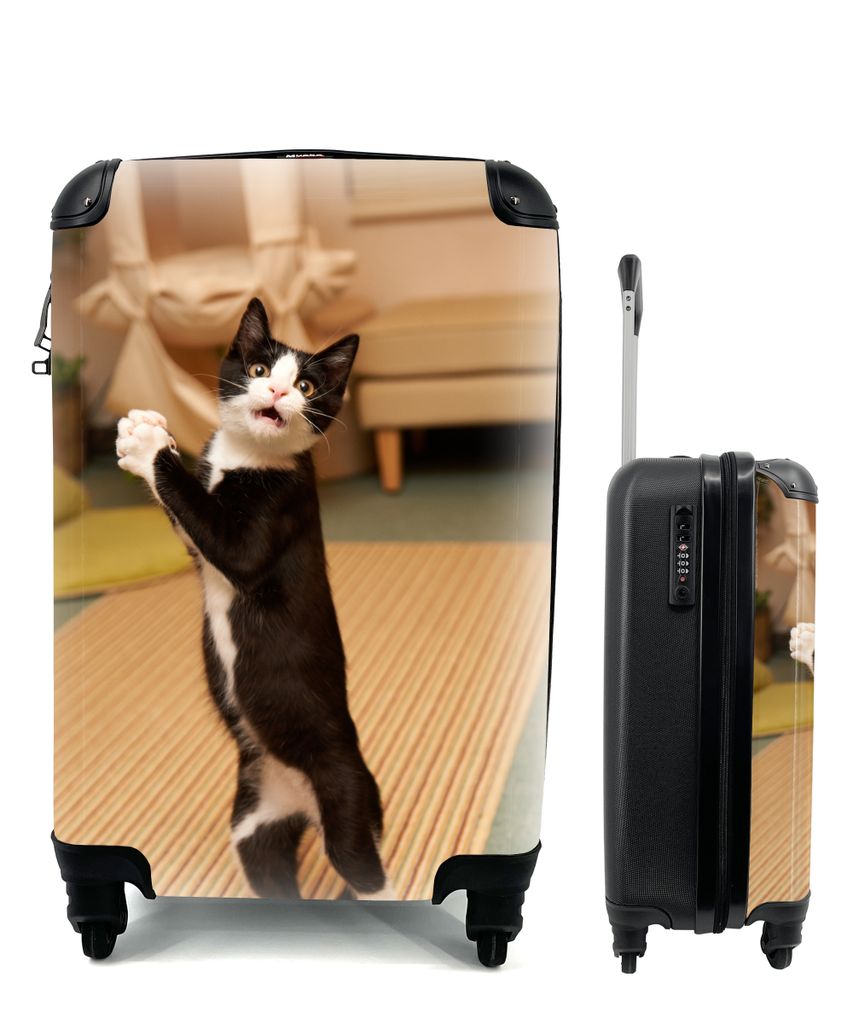 MuchoWow Koffer Handgepäck Trolley Rollkoffer Kleine Reisekoffer mit 4 Rollen - Katze - Schwarz - Cabin Size < 55x40x23 cm & 55x40x20 cm - Fotok...