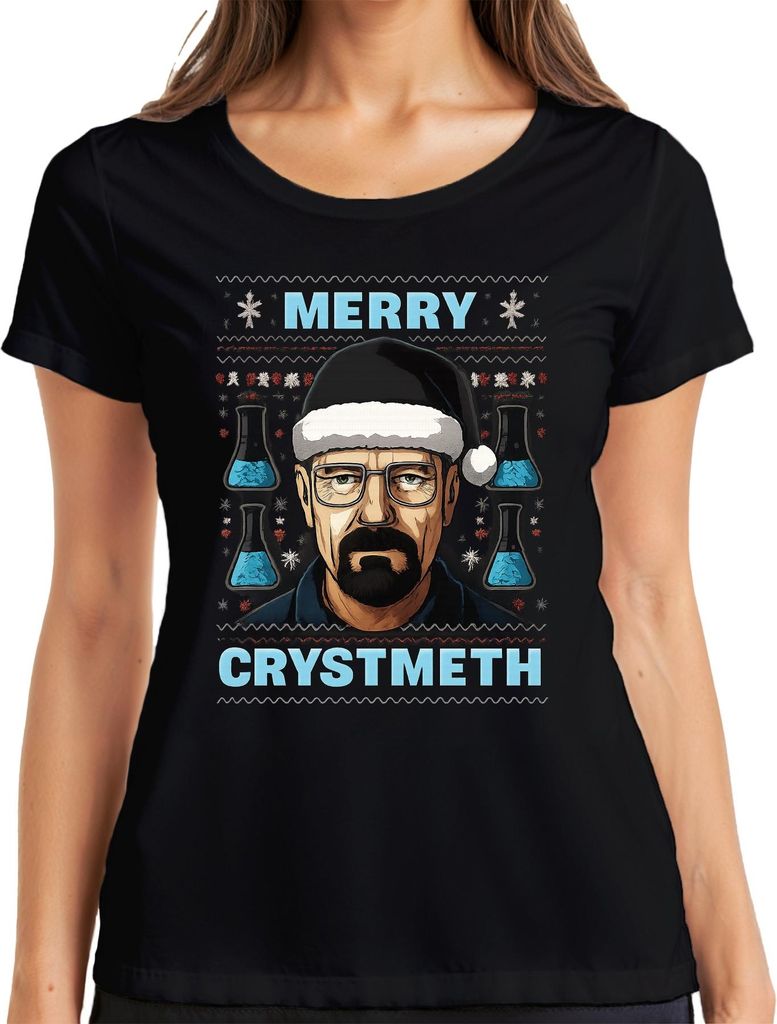 MERRY CRYSTMETH Weihnachten Chemie Laborflaschen Weihnachtsmütze Damen T-Shirt, Schwarz, 3XL