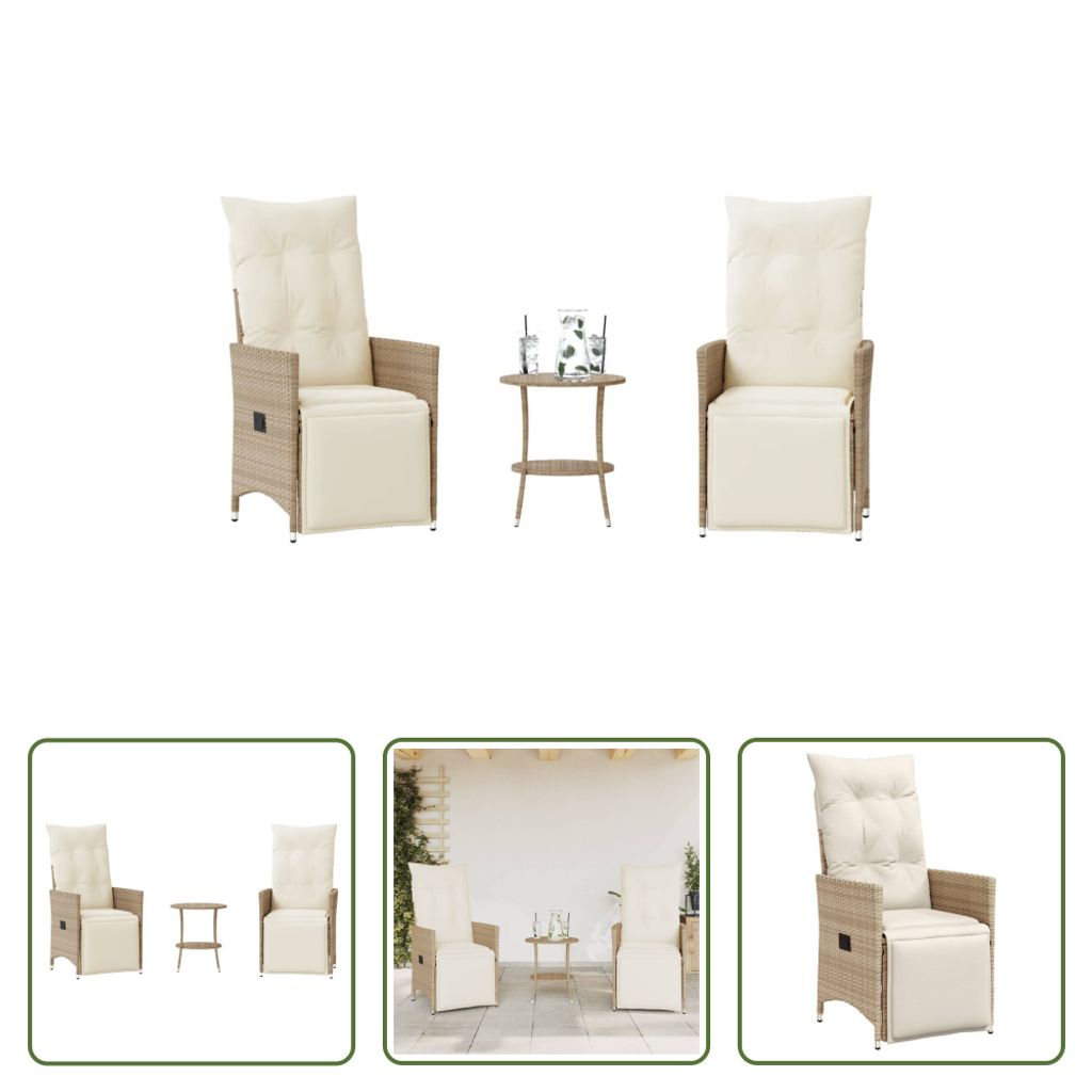 The Living Store 3-tlg. Bistro-Set mit Kissen Beige Poly Rattan