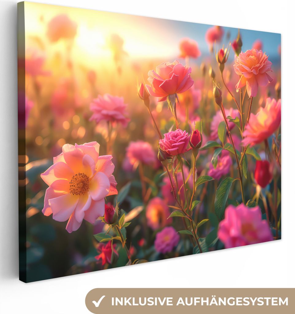 MuchoWow - Leinwandbilder - Blumen - Rosen - Natur - Rosa - Blume, Wandbild, Wanddeko Bilder Wohnzimmer, 40x30 cm