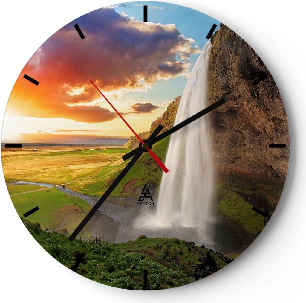 Wanduhr - Rund - Glasuhr - Geologie island Wiese - 30x30cm - Schleichendes Uhrwerk - Lautlos - zum Aufhängen bereit - Dekoration Modern - Wanddeko...