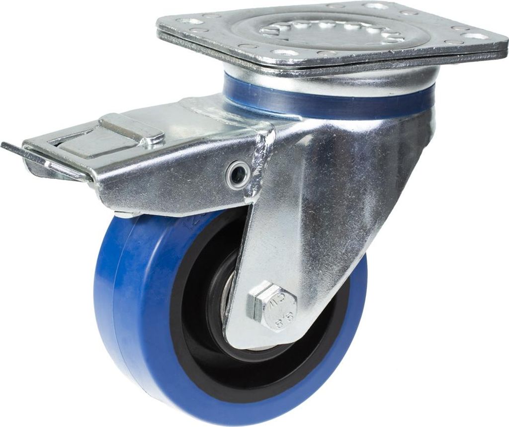 125-mm-Lenk-/Bremsrolle mit blauem Elastikgummi auf Nylon-Mittelrad