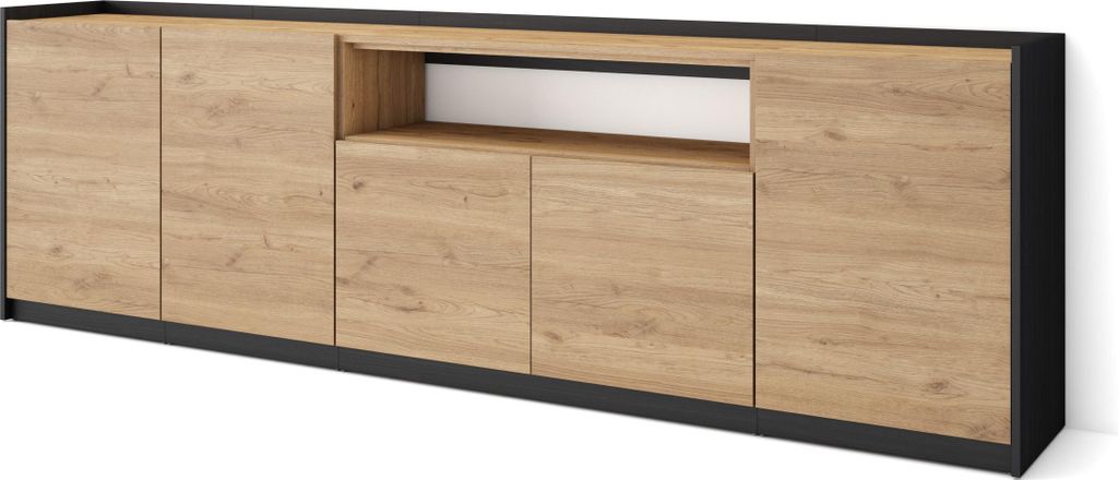 Sideboard, Highboard, 260x37x80cm, 5 Türen, Wohnzimmer, Küche, Eiche Schwarz