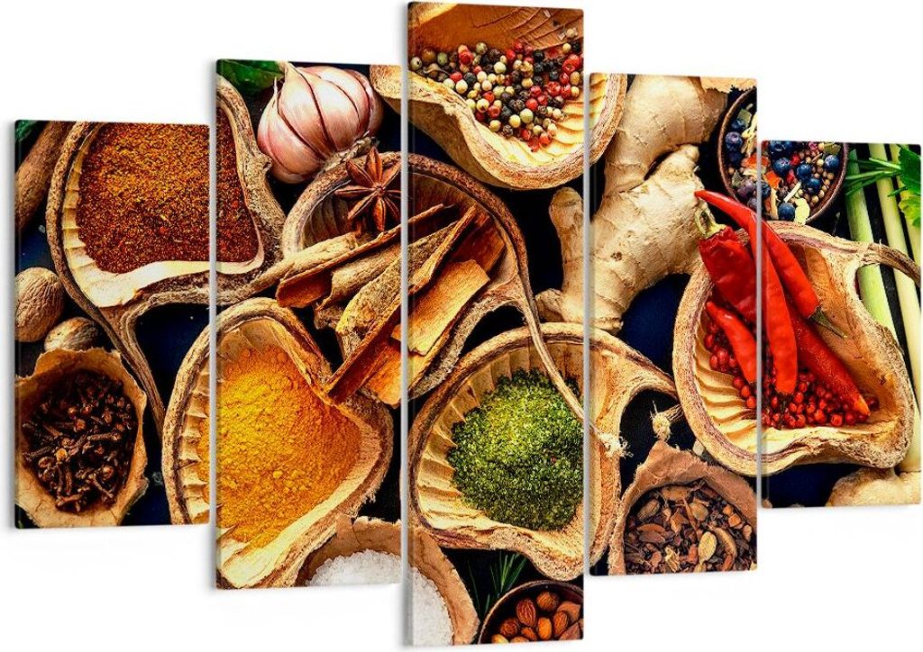 Bild auf Leinwand - Leinwandbild - Küche Essen Kräuter Gewürze - 150x100cm - Wand Bild - Wanddeko - Leinwanddruck - Bilder - Kunstdruck - Wandde...
