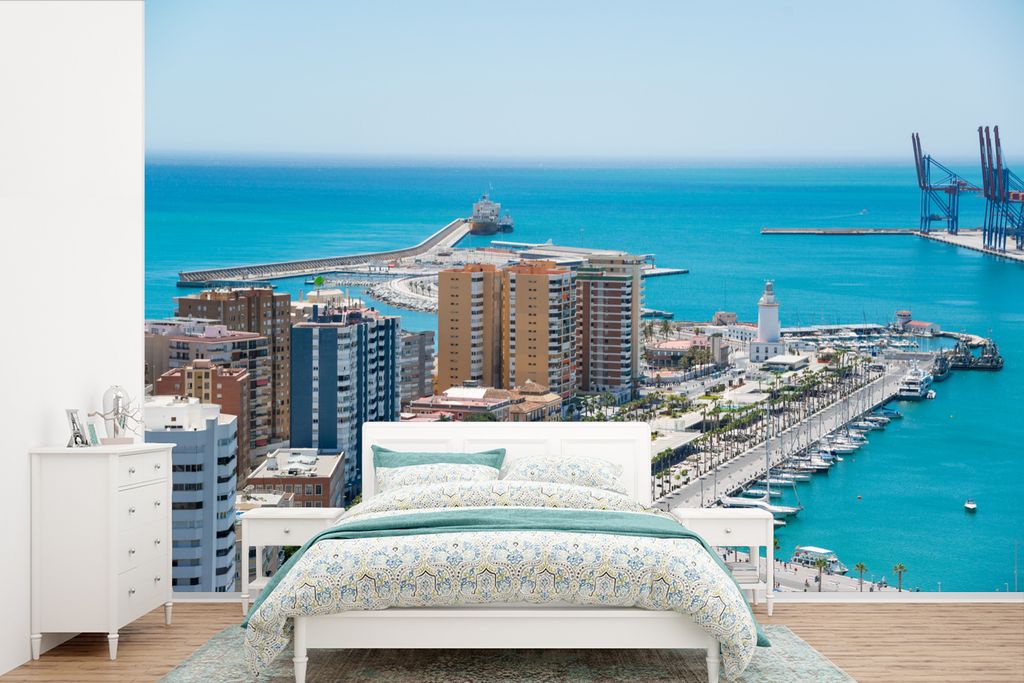 MuchoWow Fototapete für Wohnzimmer oder Schlafzimmer Wandtapete Vinyl Motivtapete Ein Luftbild des Hafens von Málaga Spanien - 450x300 cm - Gem...