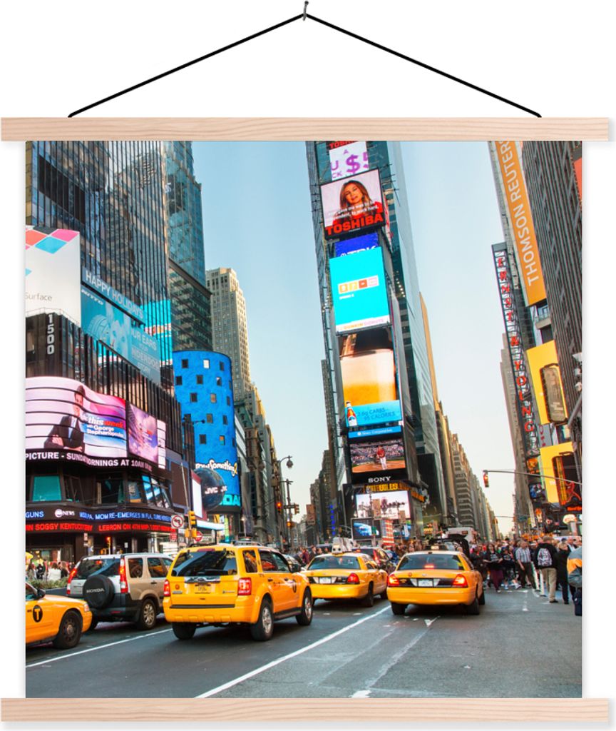 MuchoWow Textilposter New York - Taxi - Gelb 60x60 cm mit holzfarbenen Rahmen - Wanddekoration