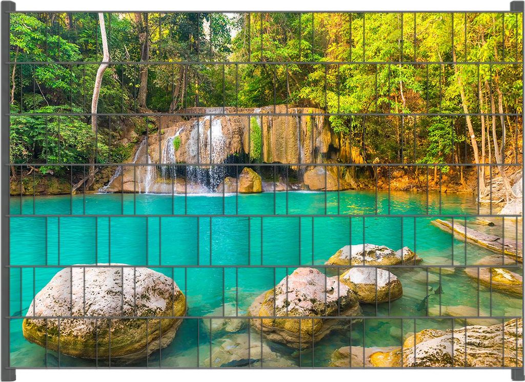 Wallario Zaunsichtschutz mit Motiv Paradiesischer Wasserfall für Ein- und Doppelstabmatten Zäune in der Größe 200 x 140 cm